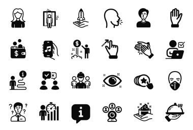 El, Kadın ve Öksürük ikonlarıyla ilgili vektör kümesi simgeleri. Gelir parası, cilt bakımı ve kalp işaretleri. Tıbbi maske, dokunmatik ekranlar ve iş istatistikleri. İnsanlar oy veriyor. Vektör