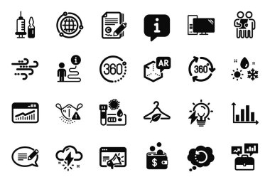 Artırılmış gerçeklikle ilişkili Vektör Bilim simgeleri kümesi, 360 derece ve Kurtarma veri simgeleri. Rüzgarlı hava, 360 derece ve tıbbi maske işaretleri. Anket, Seo pazarlama ve diyagram grafiği. Vektör