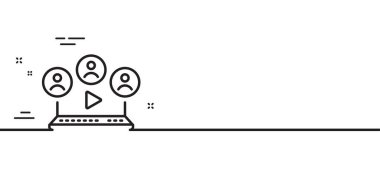 Video konferans hattı simgesi. Çevrimiçi buluşma işareti. Video takım çalışması sembolü. Asgari çizgi çizimi arka planı. Video konferans hattı simge pankartı. Beyaz ağ şablonu konsepti. Vektör