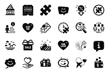 Bir Aşk, Kalbi Tutma ve Bulmaca zaman simgeleriyle ilgili bir dizi tatil simgesi. Bulmaca, dondurma ve işlem tabelaları. Tatil hediyeleri, lezzetli gülümseme ve kazanan bilet. Gülümse. Vektör