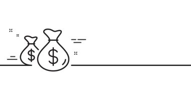 Bozuk para torbaları çizgi simgesi. Nakit para işareti. Gelir tasarrufu sembolü. Asgari çizgi çizimi arka planı. Bozuk para torbaları çizgi simge desenli pankart. Beyaz ağ şablonu konsepti. Vektör