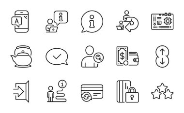 İş simgeleri ayarlandı. Delege işi olarak simge, rütbeli yıldızlar, çaydanlık işaretleri dahil. Anakart, onaylanmış mesaj, kullanıcı sembolleri bul. Kart değiştir, Çıkış, Ab testi. Aşağı in, engelli kart. Vektör