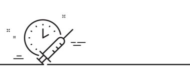 Aşı çizelgesi simgesi. Aşı şırıngası işareti. İkinci enjeksiyon zaman sembolü. Asgari çizgi çizimi arka planı. Aşılama takvimi simge desenli pankart. Vektör