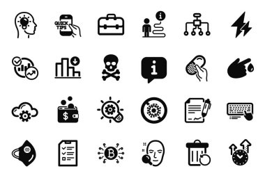 Yeniden yapılanma, yüz arama ve tıbbi maske simgeleriyle ilgili bir dizi bilim simgesi. Bulut hesaplama, çöp toplama ve Bitcoin sistem işaretleri. Bilgisayar klavyesi, çark ve portföy. Vektör