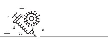 Coronavirus aşı çizgisi ikonu. Covid-19 şırınga işareti. Corona virüsü sembolü. Asgari çizgi çizimi arka planı. Coronavirus aşı çizgisi ikon desenli pankart. Beyaz ağ şablonu konsepti. Vektör