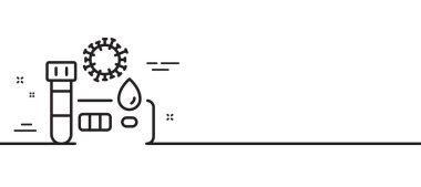 Covid test çizgisi simgesi. Coronavirus test işareti. Kan testi tüpü sembolü. Asgari çizgi çizimi arka planı. Covid test çizgisi simge desenli pankart. Beyaz ağ şablonu konsepti. Vektör