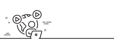 Video konferans hattı simgesi. Çevrimiçi buluşma işareti. Sunum sembolünü başlat Asgari çizgi çizimi arka planı. Video konferans hattı simge pankartı. Beyaz ağ şablonu konsepti. Vektör