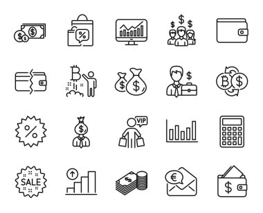 İş adamı davasının vektör seti, dolar parası ve Bitcoin proje simgeleri ayarlandı. Müdürüm, bozuk para torbaları ve satış ikonları. Cüzdan, Vip alışverişi ve indirimli çantalar. İş adamı dava web sembolü. Vektör