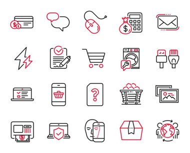 Bilgisayar kabloları, dizüstü bilgisayar sigortası ve ATM simgeleriyle ilgili Vektör Teknoloji Simgeleri Kümesi. Akıllı telefon alımı, bilgisayar faresi ve paket kutusu tabelaları. Bilinmeyen dosya, Face biyometriği ve Rfp. Vektör