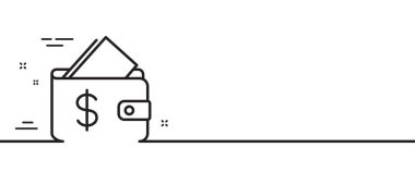 Cüzdan çizgisi simgesi. Maliyet tabelası. Nakit tasarruf sembolü. Asgari çizgi çizimi arka planı. Cüzdan çizgisi simge desenli pankart. Beyaz ağ şablonu konsepti. Vektör