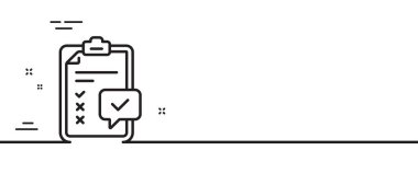 Kontrol listesi simgesi. Teftiş raporu. İş gözden geçirme sembolü. Asgari çizgi çizimi arka planı. Kontrol listesi simge desen pankartı. Beyaz ağ şablonu konsepti. Vektör