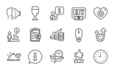 İş simgeleri ayarlandı. Kalp olarak simge, Göz Kontrol Listesi, Büyüme Tabelaları. Derecelendirme yıldızları, yüz tanımlama, uçuş zamanı sembolleri. Seo kıyafeti, romantik akşam yemeği, saat. Bitcoin ATM 'si, aşağı in. Vektör