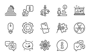 Teknoloji simgeleri ayarlandı. Cogwheel ayırıcı olarak simge, lezzetli gülümseme, ses kontrol işaretleri dahil. Akıllı telefon su geçirmez, 5G internet, çok yönlü semboller. Seo vites, blok diyagramı, online oylama. Vektör