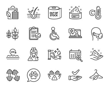 Ultraviyole koruma, biyolojik alışveriş ve tıbbi yardım hattı simgeleri ayarlandı. Glütensiz, temiz eller ve engelli simgeleri. Yavaş moda, kepek önleyici pullar ve tıbbi maske işaretleri. Vektör