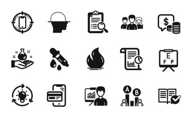 Çevrimiçi alışveriş vektör seti, onaylanmış belgeler ve sikke simgeleri basit küme. Arama analizi, kimya pipeti ve raporlama simgeleri. Yüz taraması, ateş enerjisi ve akıllı telefon hedef işaretleri. Vektör