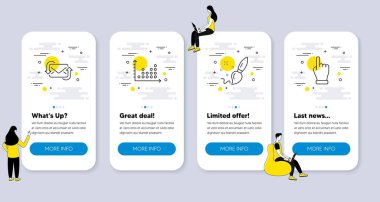 Boya fırçası, Dot arsası, Tazeleme posta simgeleri gibi iş simgeleri. İnsanlarla UI telefon uygulaması ekranları. El çizgisi sembollerine tıklayın. Yaratıcılık, sunum grafiği, yeni e-posta. Vektör