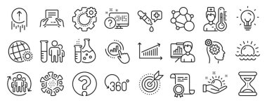 Soru işareti, kimya pipeti, Dünya hava ikonları gibi bir takım bilim simgeleri. Kaydır, sunum tahtası, online sınav işaretleri. Gün batımı, zaman, enerji. Grafik çizelgesi, Coronavirus, Grafik. Vektör