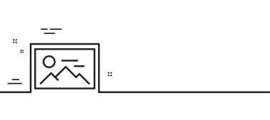 Fotoğraf çizgisi simgesi. Resim küçük resim işareti. Resim tutucu sembolü. Asgari çizgi çizimi arka planı. Fotoğraf çizgisi ikon desenli afiş. Beyaz ağ şablonu konsepti. Vektör