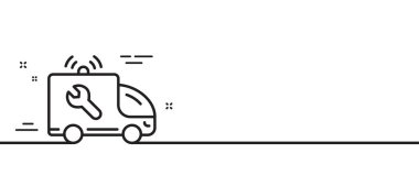 Anahtar araç çizgisi simgesi. Araba tamiri tabelası. Enstrüman sembolünü düzelt. Asgari çizgi çizimi arka planı. Araba servisi ikon desenli afiş. Beyaz ağ şablonu konsepti. Vektör