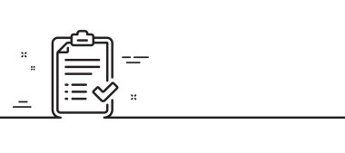 Onaylanmış kontrol listesi satır simgesi. Kabul edildi ya da onaylandı. Sembolü. Asgari çizgi çizimi arka planı. Onaylanmış onay listesi simge pankartı. Beyaz ağ şablonu konsepti. Vektör