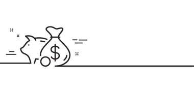 Domuz kumbarası çizgisi ikonu. Bozuk para işareti. İş tasarruf sembolü. Asgari çizgi çizimi arka planı. Domuzcuk bankası ikon desenli pankart. Beyaz ağ şablonu konsepti. Vektör