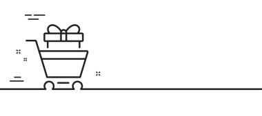 Hediye çizgisi ikonlu alışveriş arabası. Müşteri arabası tabelası. Süpermarket satış sembolü. Asgari çizgi çizimi arka planı. Tramvay hattı ikon desenli afiş. Beyaz ağ şablonu konsepti. Vektör