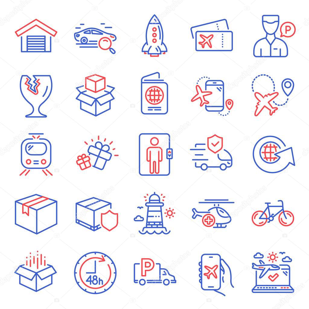 Transportation icons set. Included icon as Search car, World globe, Medical helicopter signs. Passport, Parking garage, Rocket symbols. Lighthouse, Truck parking, Valet servant. Parcel. Vector