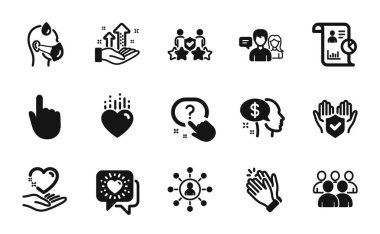 Güvenlik Ajansı 'nın vektör seti, Analiz Grafiği ve Friends sohbet simgeleri basit bir set. Soru düğmesi, Ağ ve El tıklama simgeleri. Kalbi tutun, rapor verin ve el çırpın. Vektör