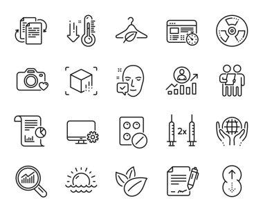 Fotoğraf makinesi, bürokrasi ve Coronavirus aşı çizgisi ikonlarının vektör seti ayarlandı. Yüz kabul edildi, web zamanlayıcısı ve organik ürün simgeleri. Belge imzalama, rapor ve veri analiz işaretleri. Vektör