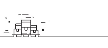 Kutu satırı simgesi. Toptan mal tabelası. Depo envanter sembolü. Asgari çizgi çizimi arka planı. Kutu paleti çizgisi simge desenli pankart. Beyaz ağ şablonu konsepti. Vektör