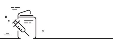Aşı pasaport çizgisi simgesi. Aşı şırıngası işareti. İğneli sembol. Asgari çizgi çizimi arka planı. Aşılama pasaport çizgisi simgesi pankartı. Beyaz ağ şablonu konsepti. Vektör