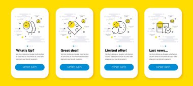 Güncelleme zamanı, zaman yönetimi ve strateji çizgisi simgelerinin vektör kümesi ayarlandı. Satır simgeli UI telefon uygulaması ekranları. Onaylanmış belge simgesi. Saati yenile, takım çalışması saati, bulmaca. Vektör