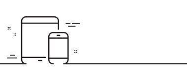 Mobil Aygıt simgesi. Akıllı telefon ve tablet tablet tabelalar. Dokunmatik ekran alet sembolleri. Asgari çizgi çizimi arka planı. Mobil aygıtlar çizgi simge desenli pankart. Beyaz ağ şablonu konsepti. Vektör