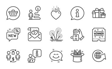 Tatil simgeleri ayarlandı. Aşk mektubu olarak simge, alışveriş arabası, bulmaca işaretleri. Tatil hediyeleri, yeni, havai fişek sembolleri. Kazanan bilet, Heart, Hat-trick. Gülümse, dünya küresi. Vektör