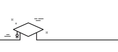 Mezuniyet şapkası simgesi. Eğitim işareti. Öğrenci şapkası sembolü. Asgari çizgi çizimi arka planı. Mezuniyet şapkası ikon desenli pankart. Beyaz ağ şablonu konsepti. Vektör