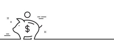 Domuz kumbarası çizgisi ikonu. Bozuk para işareti. İş tasarruf sembolü. Asgari çizgi çizimi arka planı. Domuzcuk bankası ikon desenli pankart. Beyaz ağ şablonu konsepti. Vektör