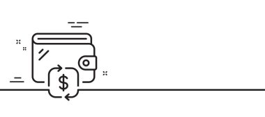 Cüzdan çizgisi simgesi. Para kesesi tabelası. Nakit bütçe sembolü. Asgari çizgi çizimi arka planı. Cüzdan çizgisi simge desenli pankart. Beyaz ağ şablonu konsepti. Vektör