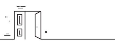 Kapı çizgisi simgesini aç. Giriş kapısı işareti. Çıkış sembolü oluşturuluyor. Asgari çizgi çizimi arka planı. Kapı çizgisi simge pankartını aç. Beyaz ağ şablonu konsepti. Vektör