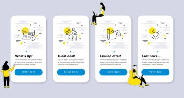 Web zamanlayıcısı, kan bağışı, grup simgeleri gibi iş simgeleri. İnsanlarla UI telefon uygulaması ekranları. Kalp çizgisi sembolleri. Çevrimiçi test, tıbbi analiz, iş toplantısı. Sevgi. Vektör