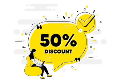 Yüzde 50 indirim. İnsanlarla sohbet pankartı işaretini kontrol et. Satılık fiyat tabelası. Özel teklif sembolü. İndirim onaylı sohbet mesajı. Kontrol listesi kullanıcı arkaplanı. Vektör