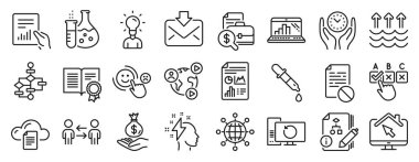 Eğitim, takım çalışması, beyin fırtınası ikonları gibi bir takım ikonlar. Müşteri memnuniyeti, gelen postalar, algoritma işaretleri. Diploma, rapor belgesi, blok şeması. Güvenli zaman. Vektör