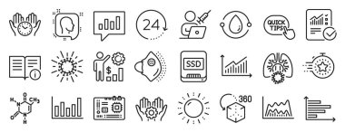 Head, Technical info, Trade grafik simgeleri gibi bir takım bilim simgeleri. 24 saat, ana kart, aşı atama işaretleri. Artırılmış gerçeklik, Grafik, çalışanların zenginliği. Yatay çizelge. Vektör