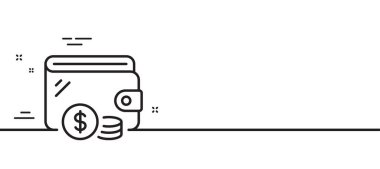 Cüzdan çizgisi simgesi. Para birimi işaretleri var. Para ticareti sembolü. Asgari çizgi çizimi arka planı. Cüzdan çizgisi simge desenli pankart. Beyaz ağ şablonu konsepti. Vektör