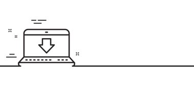 Satır simgesi indir. İnternet 'ten dizüstü bilgisayar işareti indiriliyor. Dosya sembolünü yükle. Asgari çizgi çizimi arka planı. İnternet indirme satırı simge desenli afişi. Beyaz ağ şablonu konsepti. Vektör
