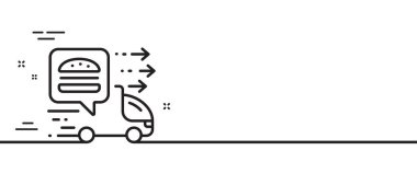Yemek dağıtım hattı ikonu. Kamyon kurye tabelası. Yemek servisi sembolü. Asgari çizgi çizimi arka planı. Yemek dağıtım hattı ikon desenli pankart. Beyaz ağ şablonu konsepti. Vektör