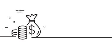Bozuk para torbası ikonu. Nakit para işareti. Gelir tasarrufu sembolü. Asgari çizgi çizimi arka planı. Bozuk para torbası ikon desenli pankart. Beyaz ağ şablonu konsepti. Vektör