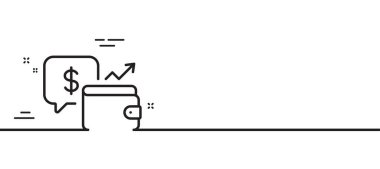 Cüzdan çizgisi simgesi. Para tasarrufu tabelası. Nakit bütçe sembolü. Asgari çizgi çizimi arka planı. Cüzdan çizgisi simge desenli pankart. Beyaz ağ şablonu konsepti. Vektör