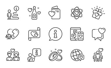Aşk simgeleri hazır. Kalp, Çift Sevgisi, Aşk Harfleri gibi simgeler de var. Atom, Dostluk, dünya markası sembolleri. Boşanma avukatı, sosyal medya, evlilik yüzüğü simgeleri. Bilgi merkezi çizgi simgesi. Vektör