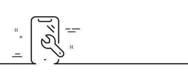 Akıllı telefon tamir çizgisi simgesi. Telefon kurtarma işareti. Mobil cihaz sembolü. Asgari çizgi çizimi arka planı. Akıllı telefon tamir hattı ikon desenli pankart. Beyaz ağ şablonu konsepti. Vektör