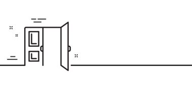 Kapı çizgisi simgesini aç. Giriş kapısı işareti. Çıkış sembolü oluşturuluyor. Asgari çizgi çizimi arka planı. Kapı çizgisi simge pankartını aç. Beyaz ağ şablonu konsepti. Vektör